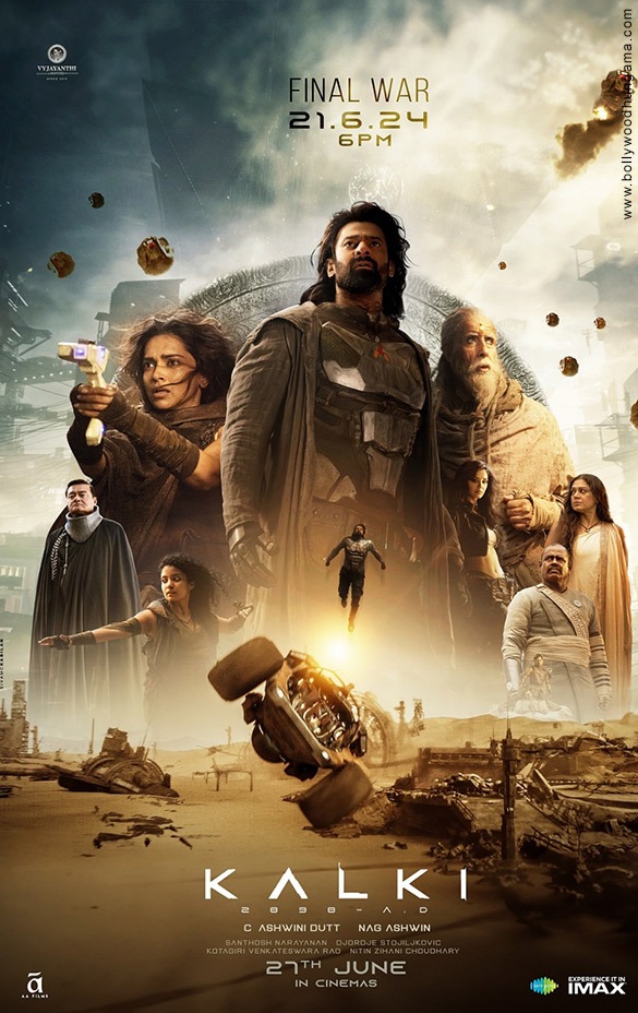 Poster of Kalki 2898 AD showcasing a futuristic cityscape with main characters in dramatic poses