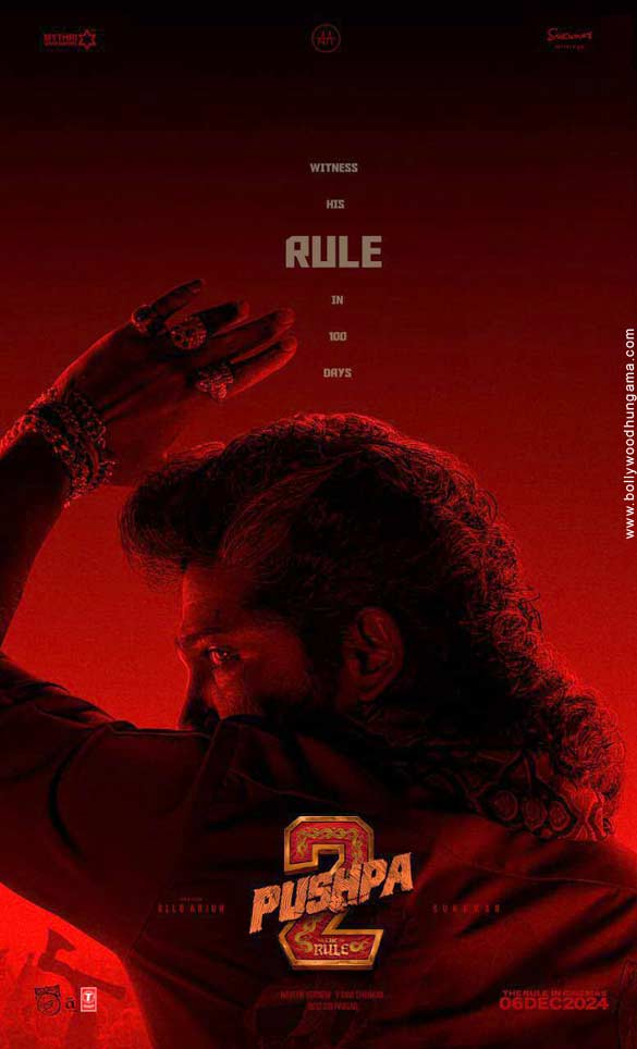 Allu Arjun as Pushpa Raj in the Pushpa 2: The Rule poster, featuring his dramatic outline against a red background