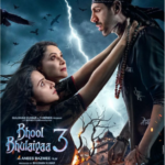 Bhool Bhulaiyaa 3 Box Office Day 1 Collection - movie poster featuring Kartik Aaryan, Vidya Balan, and Madhuri Dixit in a dramatic pose with a haunted background