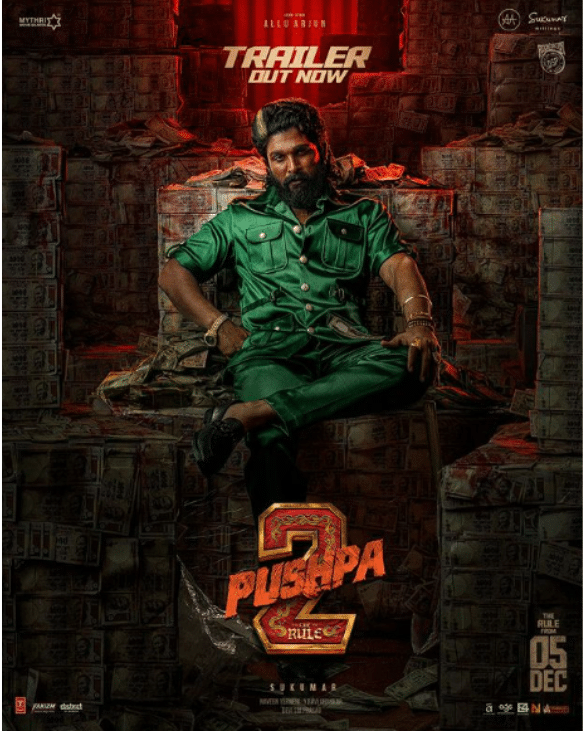 Pushpa 2 The Rule Trailer – Allu Arjun in a dramatic pose surrounded by piles of cash, as seen in a movie poster shared on Instagram.