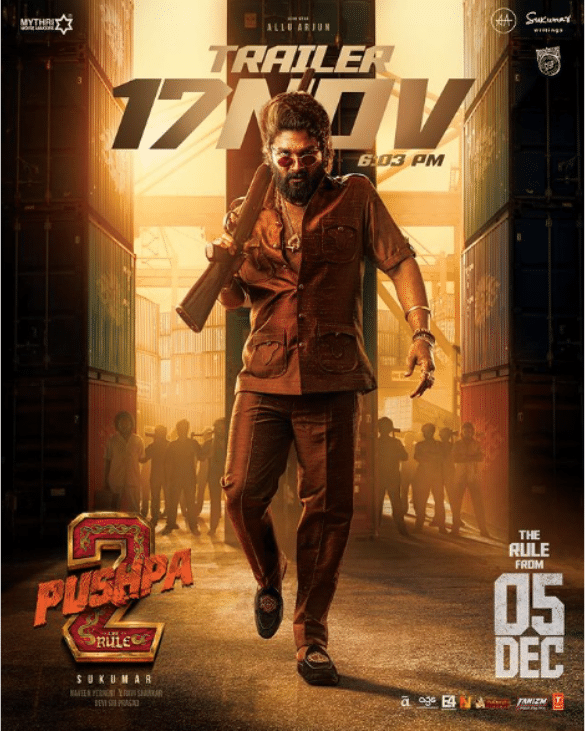 Pushpa 2 Trailer announcement poster featuring Allu Arjun holding a rifle, with trailer release date November 17