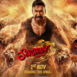 Ajay Devgn in the Singham Again poster with roaring lions in the background, highlighting Singham Again Box Office Collection Day 1 with an impressive ₹43.5 crore opening