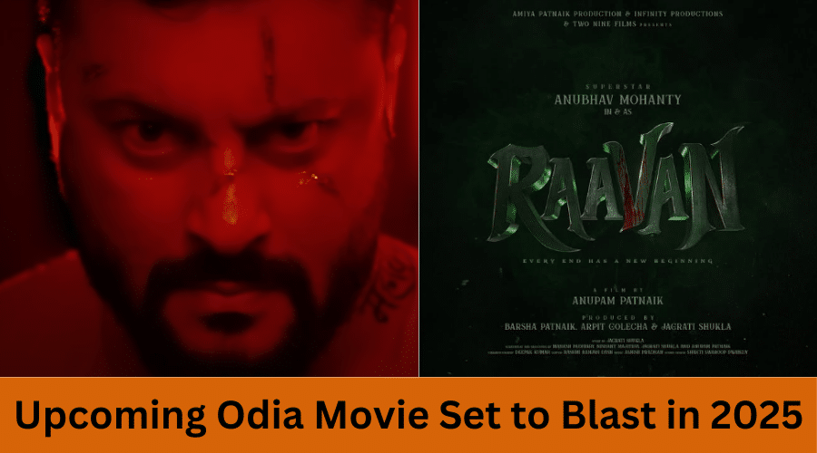 An intense close-up of Anubhav Mohanty as Raavan from the teaser, paired with the official movie poster showcasing the title and release details of the Raavan Odia Movie