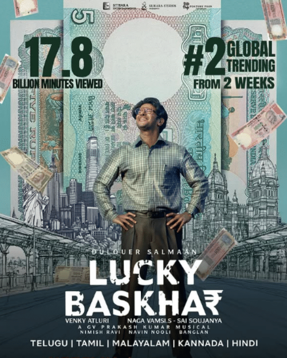 Lucky Baskhar movie poster featuring Dulquer Salmaan, showcasing the trending financial crime drama that is winning global attention