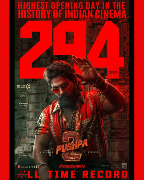 Pushpa 2 Box Office Collection Day 1: Official movie poster showcasing Allu Arjun celebrating the historic ₹294 crore opening, the biggest in Indian cinema history.