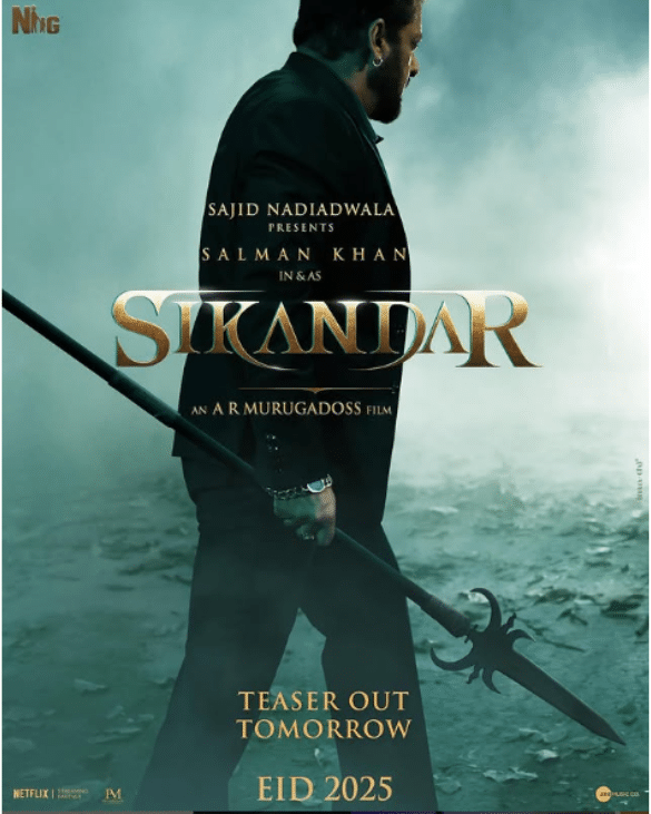 Sikandar movie poster featuring Salman Khan holding a weapon, released by Nadiadwala Grandson