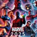 A cinematic collage of Upcoming Marvel Movies in 2025 featuring Avengers facing Kang the Conqueror, the Fantastic Four showcasing their powers, and Blade with a supernatural theme