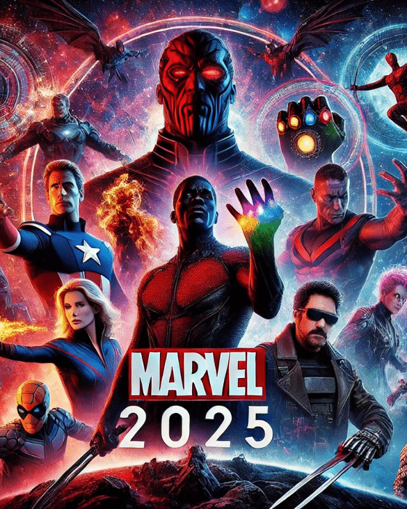 A cinematic collage of Upcoming Marvel Movies in 2025 featuring Avengers facing Kang the Conqueror, the Fantastic Four showcasing their powers, and Blade with a supernatural theme