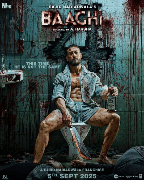 Baaghi 4 first look poster featuring Tiger Shroff sitting in a blood-stained room with a weapon, symbolizing the intensity of the upcoming action thriller movie releasing in 2025