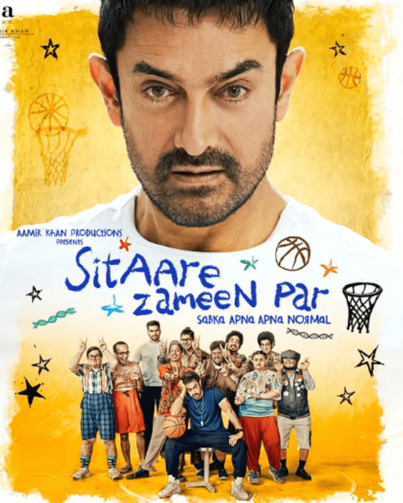 Sitare Zameen Par movie poster showing Aamir Khan with 10 debutant actors from the film